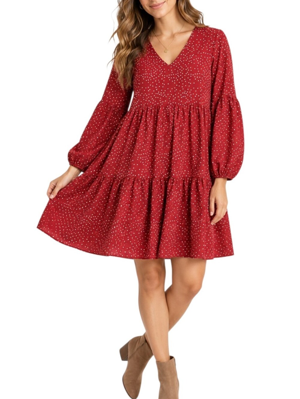 Red Polka Dot Tiered Babydoll Dress M Balloon Sleeve V Neck Cottagecore Prairie